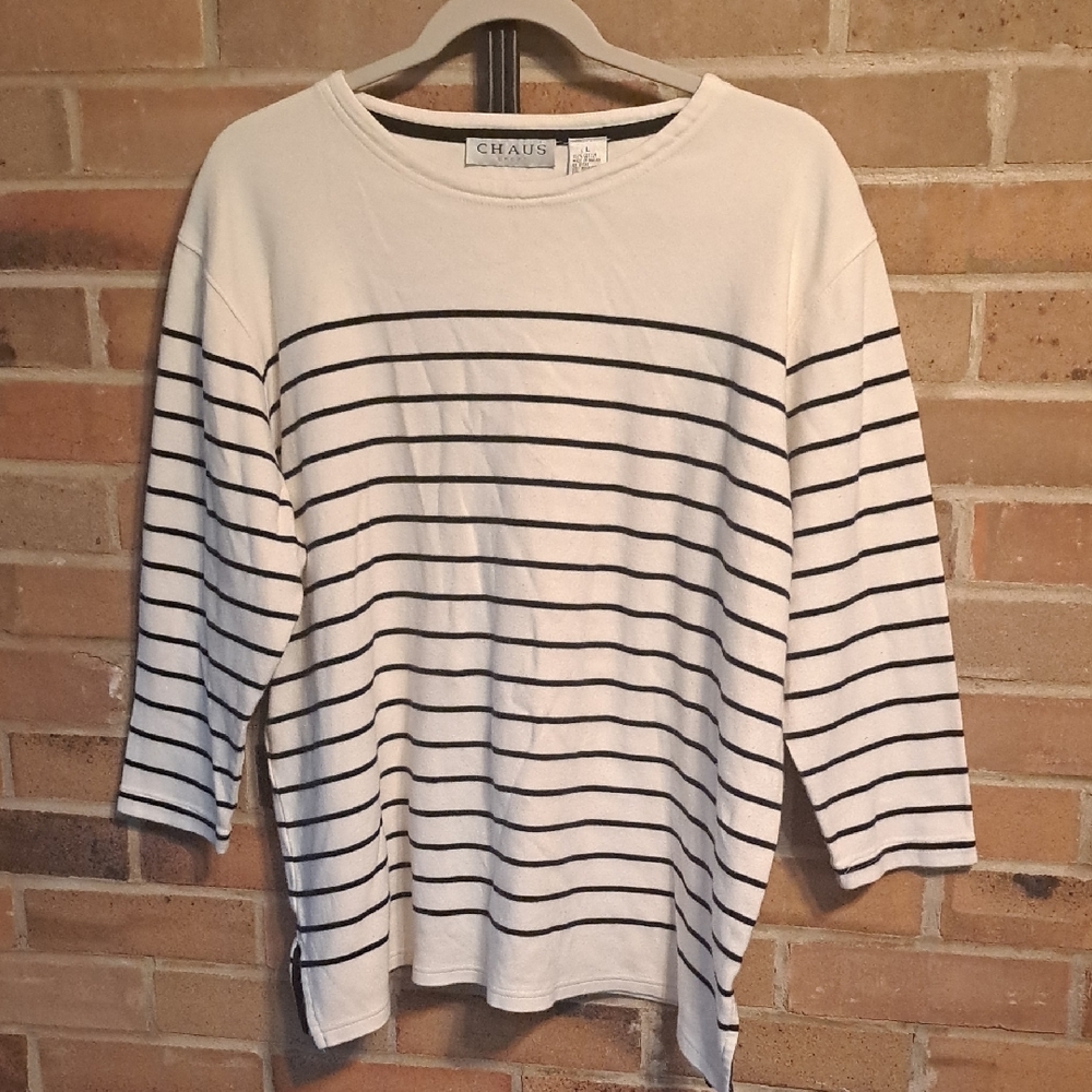 Chaus Sport Size L, Ivory and Navy Blue Striped 3/4 Length Sleeve Crew Neck Top